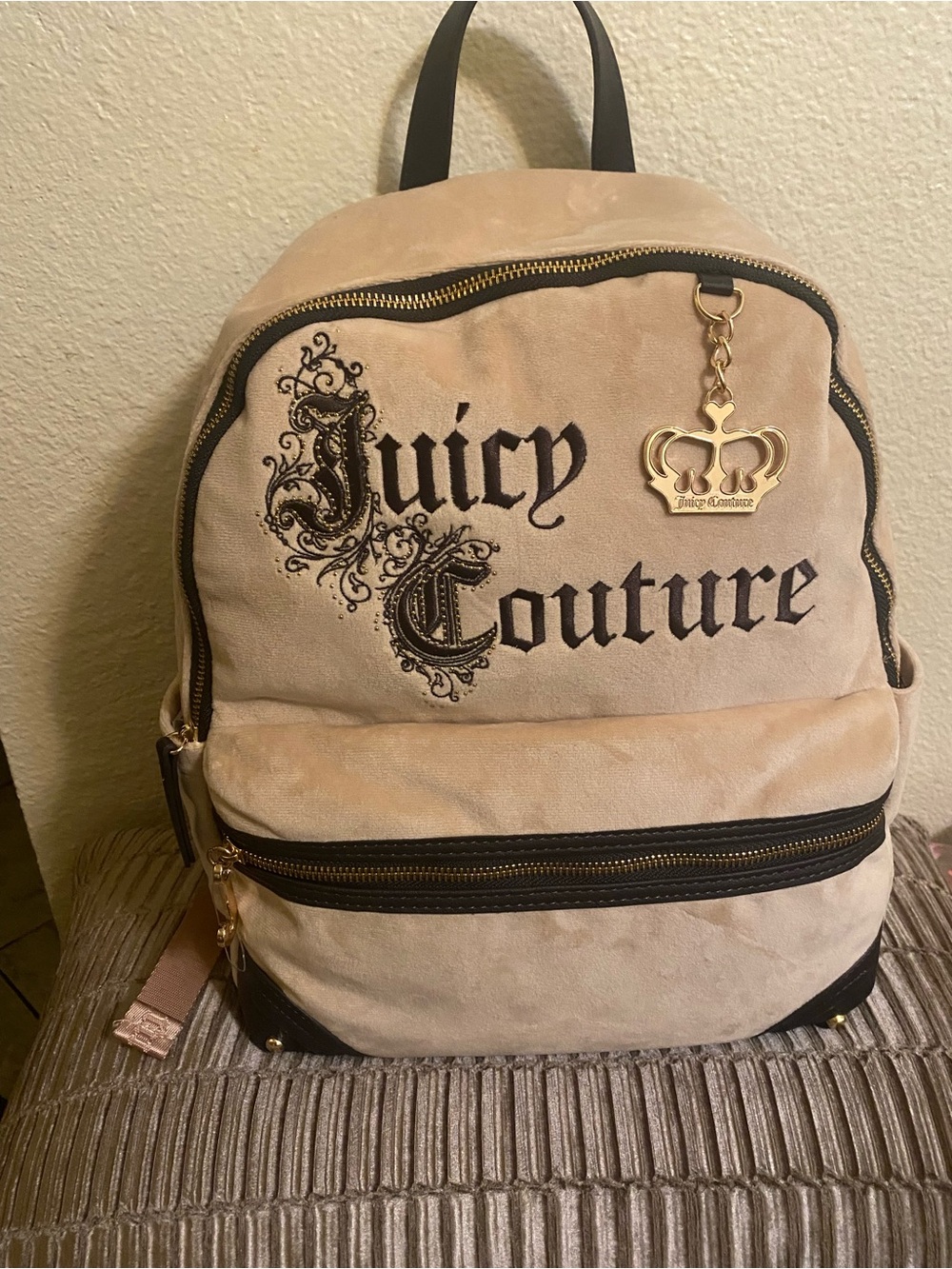 Juicy Couture Taupe Suede Backpack with Gold Crown Charm